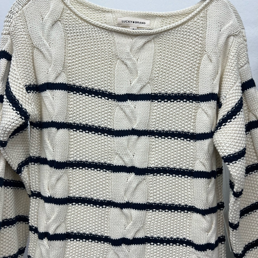 Lucky Brand Cream Cable Knit Sweater with Navy Stripes